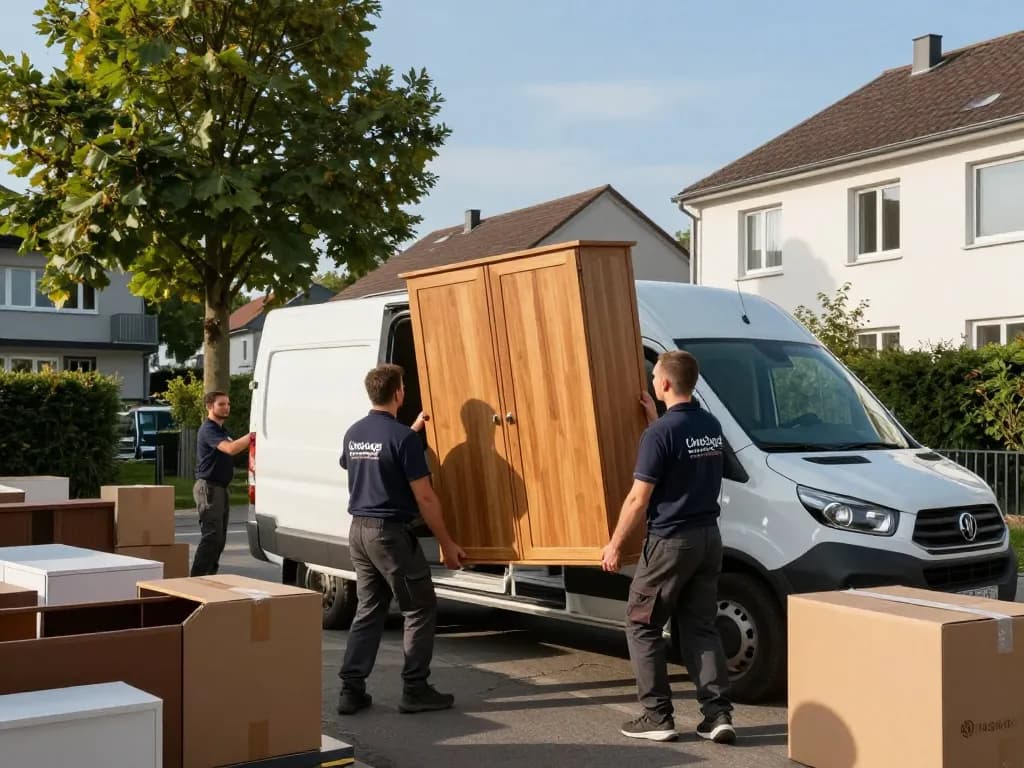 Professionelles umzugsunternehmen Hannover Team transportiert einen Kleiderschrank in ein Fahrzeug und zeigt zuverlässige Umzugsdienste.