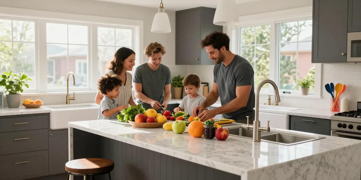 Custom kitchen countertops Hamilton featuring quartz, family cooking together.