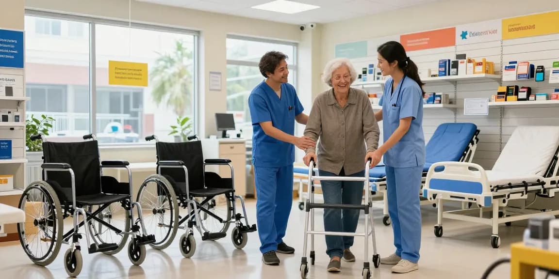 Customer receiving assistance at a medical equipment store with mobility aids and supportive atmosphere.