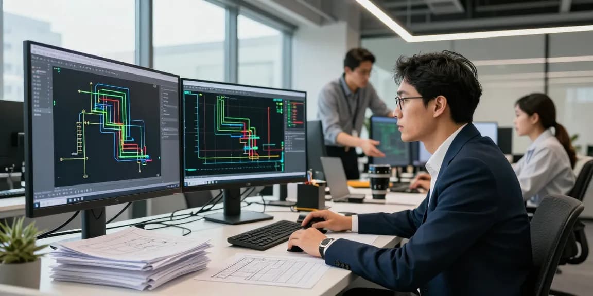 Piping Stress Analysis Canada in a modern engineering office, professional engineers collaborating on complex designs.