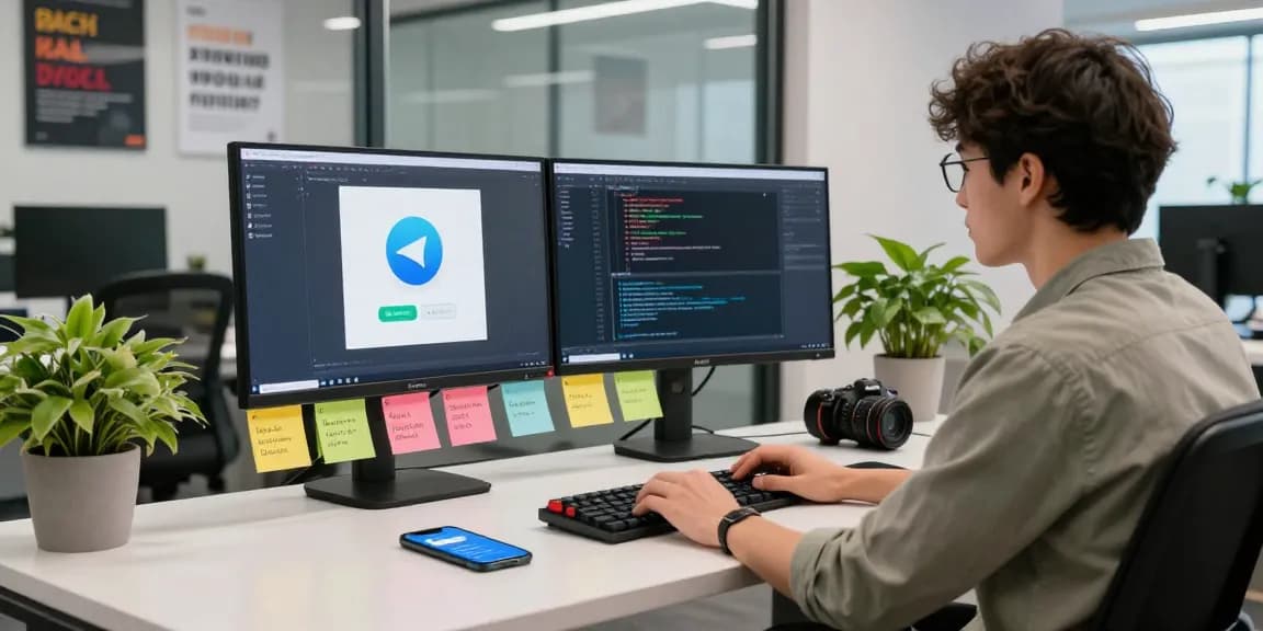 Developer demonstrating Telegram Download in a modern workspace with dual monitors and coding displays.