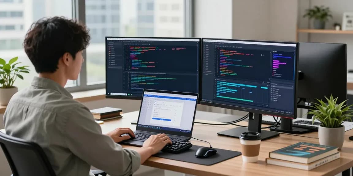 快连 software download setup at a modern tech workspace featuring multiple monitors and green plants, showing a productive atmosphere.