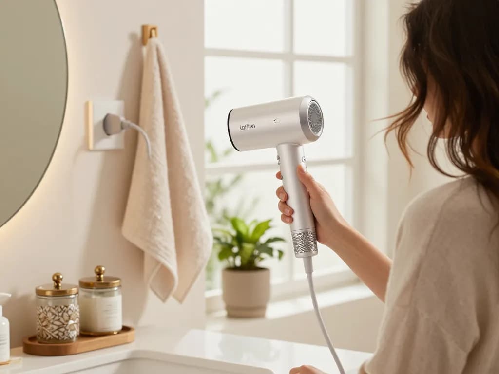 Using the Laifen hair dryer for a stylish hair routine in a bright bathroom setting.