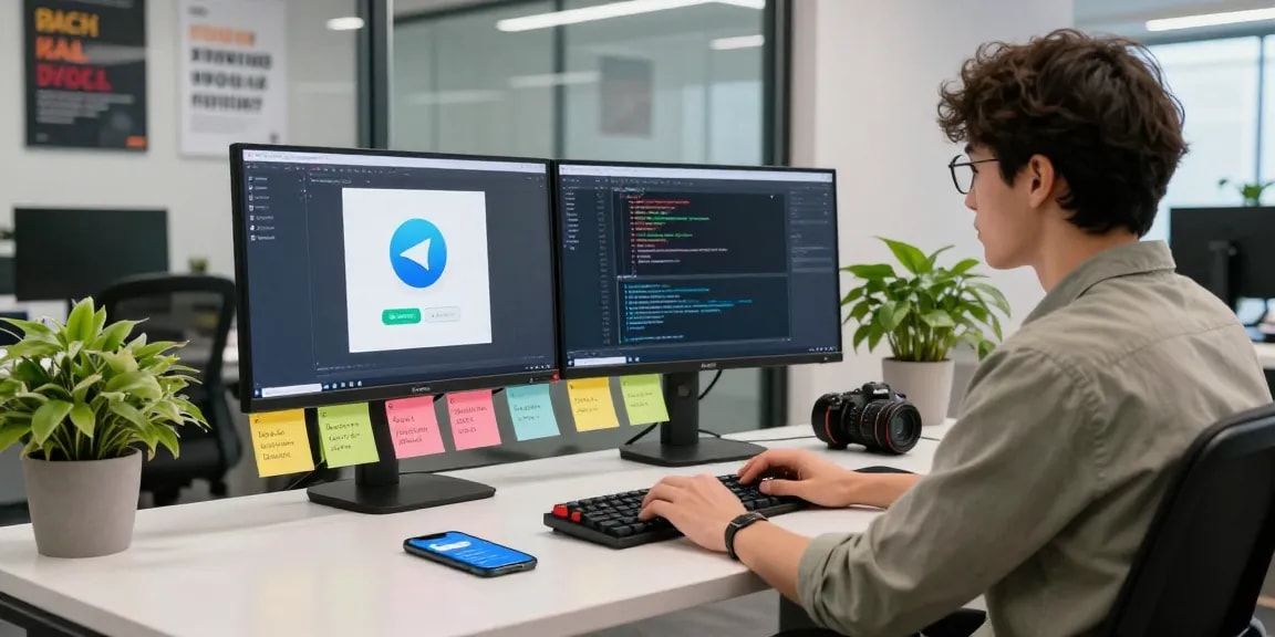 Developer demonstrating Telegram Download in a modern workspace with dual monitors and coding displays.