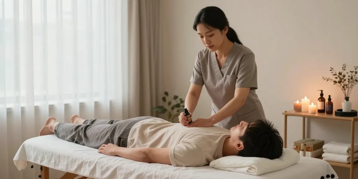Professional 광명출장마사지 therapy in a serene home setting, showcasing relaxation and wellness services.