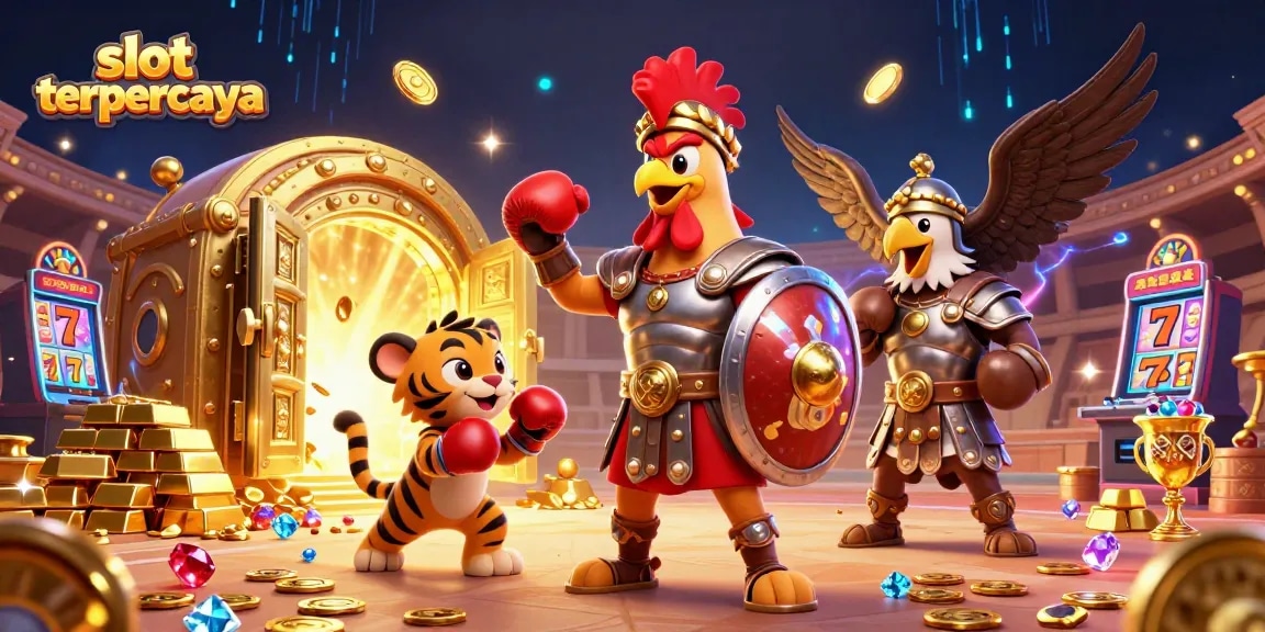 Experience the thrill with slot terpercaya as you engage in animated slot gameplay featuring a rooster and tiger cub.