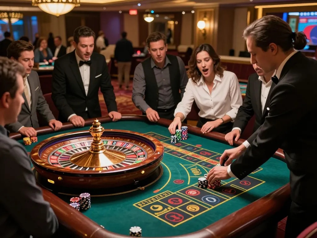 Players at a roulette table showcasing the thrill of betting at say88 casino, vibrant chips and croupier visible.
