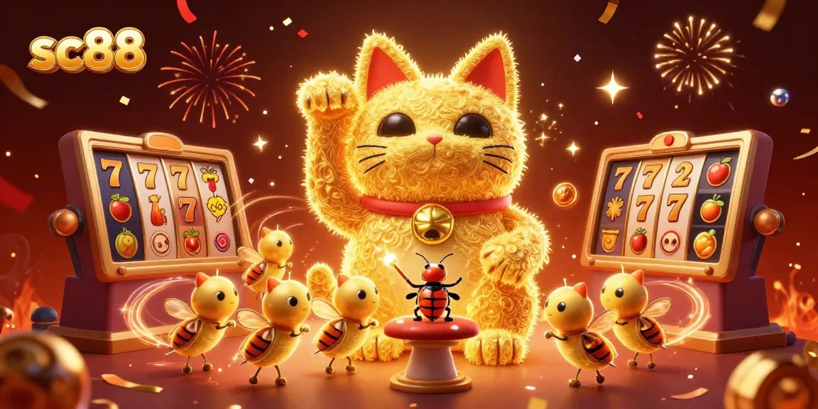 Experience the excitement of sc88 with a giant lucky cat and dazzling casino symbols in a vibrant 3D illustration.