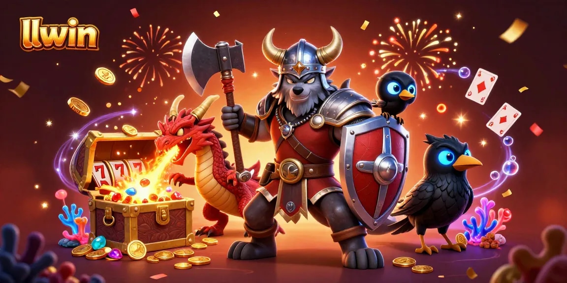 Experience exhilarating wins at llwin with a roaring Viking warrior and mystical elements in this casino-themed illustration.