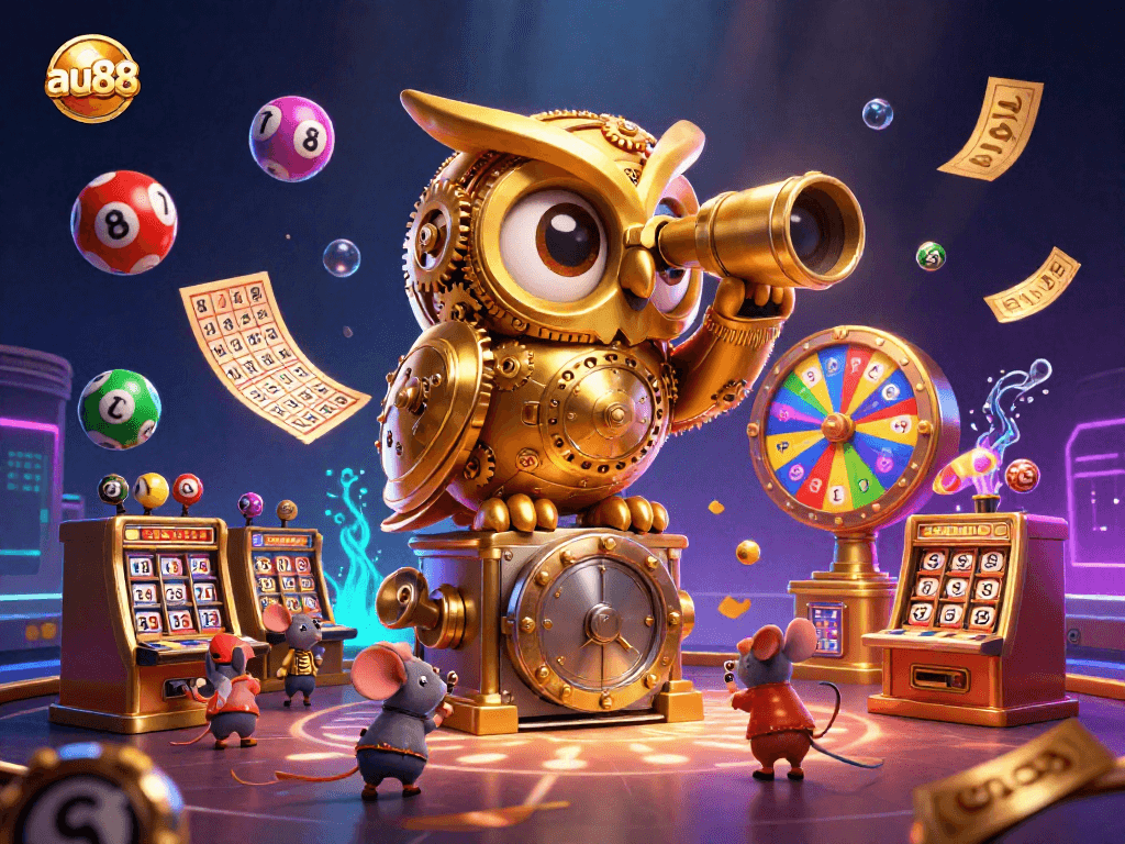Experience the thrilling action of AU88 with a clockwork owl and vibrant casino elements.