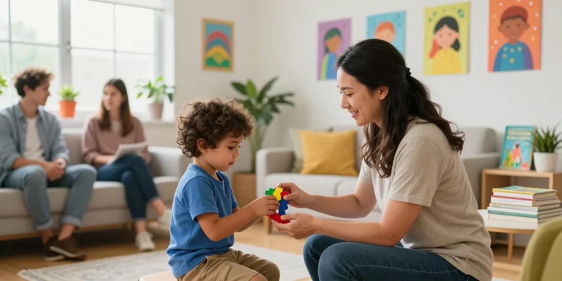 Engaging ABA connection therapy with therapist and child in nurturing environment.