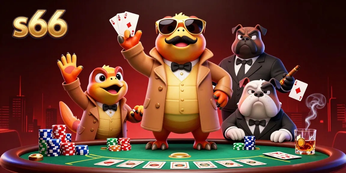 Experience thrilling poker action with s66 in a fun casino atmosphere featuring raptors and a bulldog bouncer.