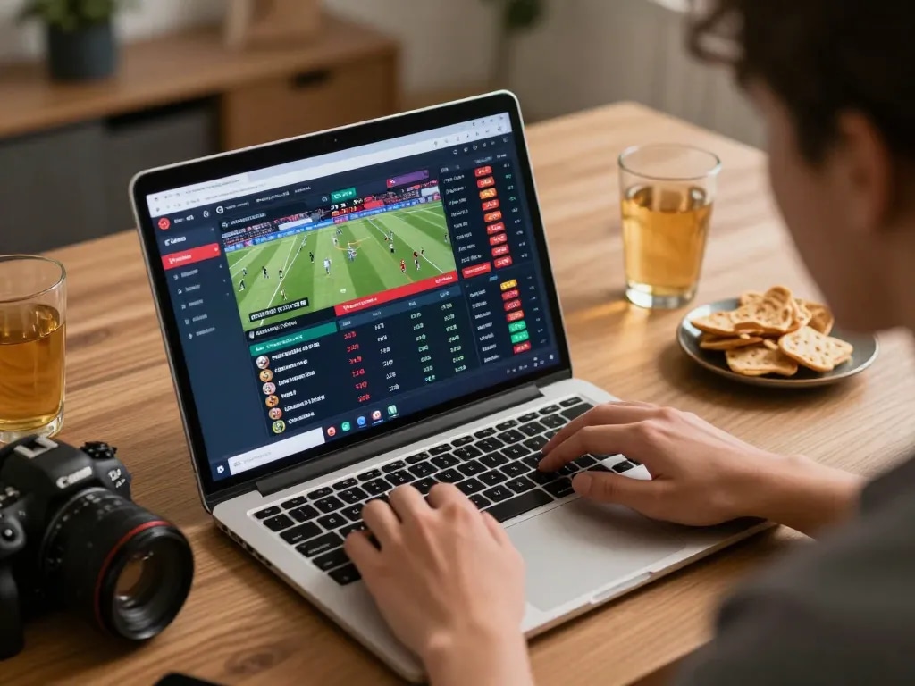Engaging in sports betting online with Link mới Lu88 on a laptop, showcasing excitement and strategy.