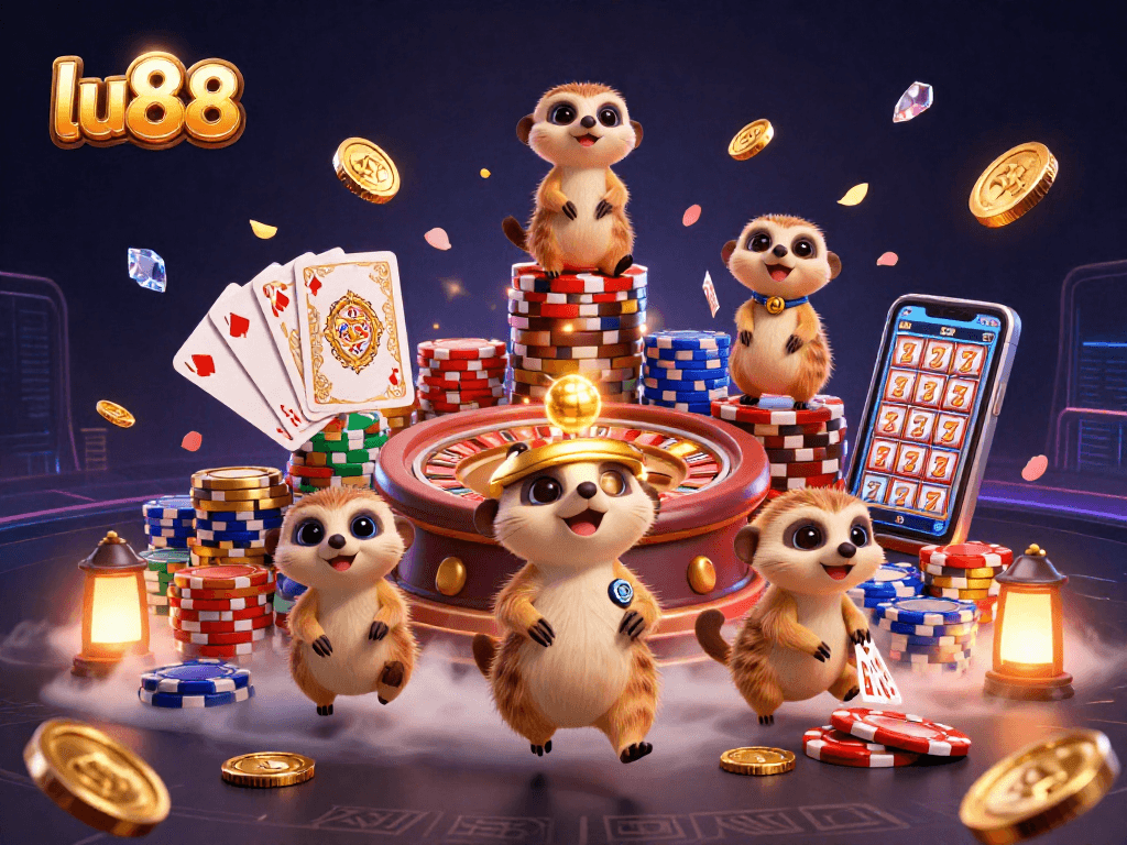 Experience the dynamic excitement of lu88 with meerkats managing a colorful casino scene full of action.