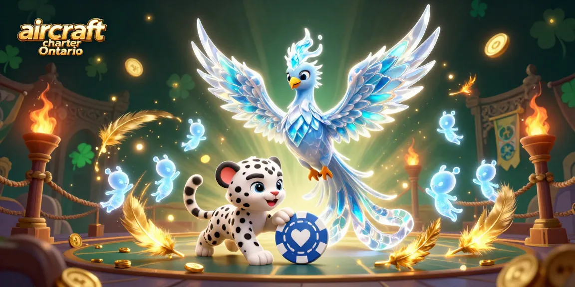 Engage with aircraft charter Ontario featuring a playful snow leopard cub and ice phoenix in a vibrant casino scene.