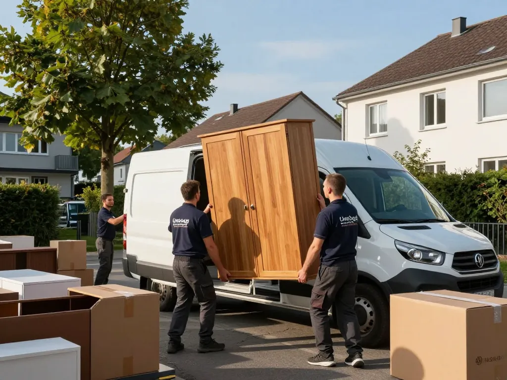 Professionelles umzugsunternehmen Hannover Team transportiert einen Kleiderschrank in ein Fahrzeug und zeigt zuverlässige Umzugsdienste.