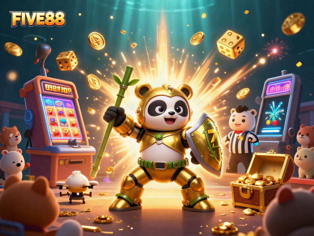 Join the excitement of FIVE88 and the vibrant casino atmosphere with 3D illustrations of games, jackpots, and cheer!