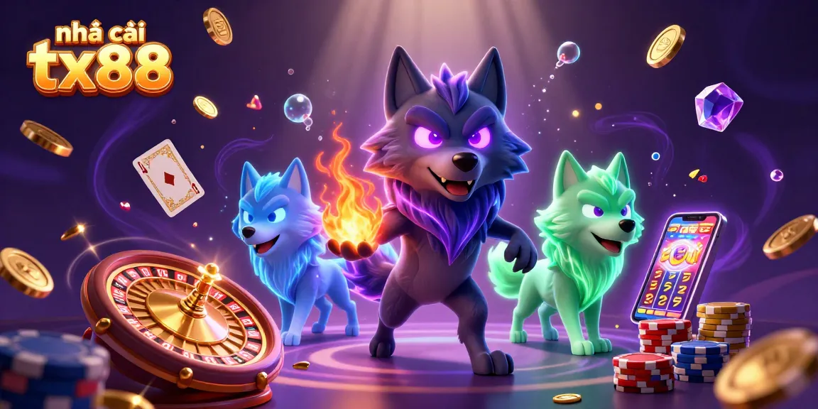 Engage with nhà cái tx88 at this dynamic casino scene, featuring animated wolves and lively gaming elements.