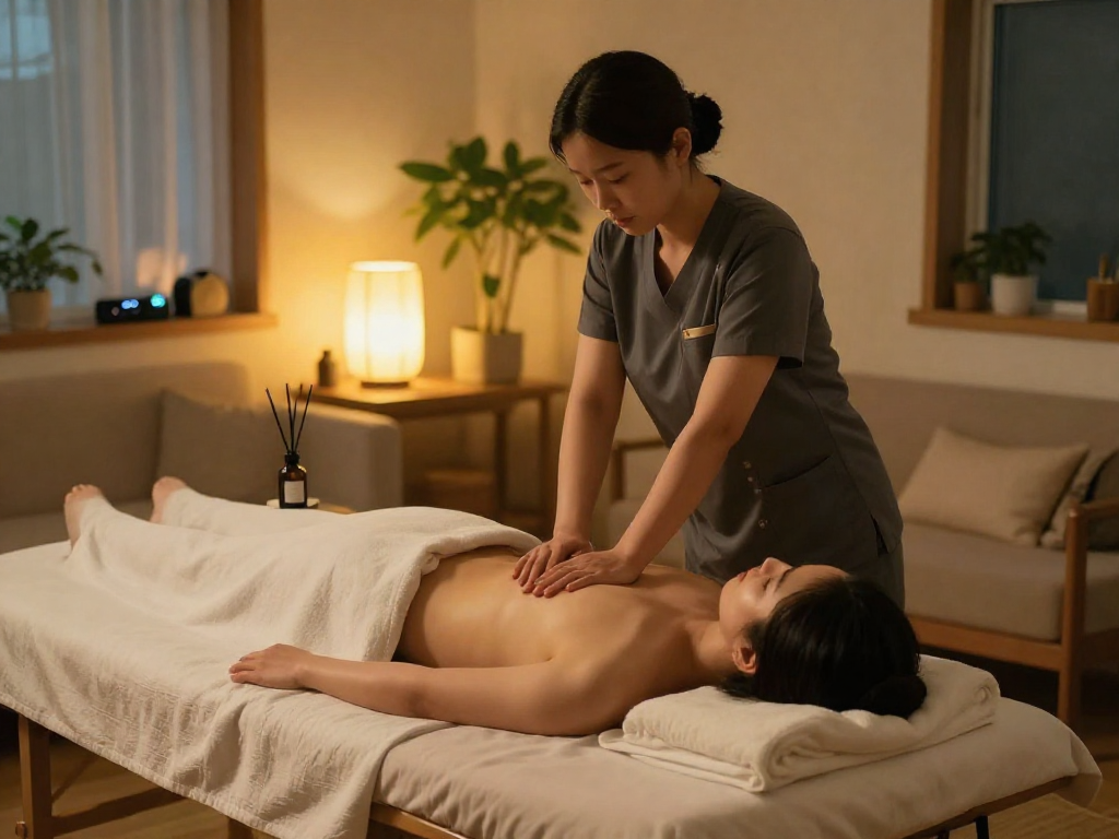 의왕출장안마 home massage setting with a therapist providing soothing therapy in a calming atmosphere.