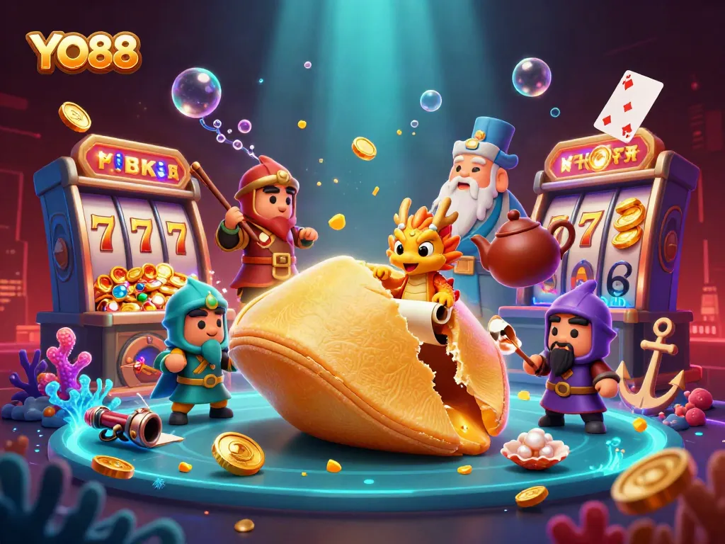 Engage with YO88's thrilling gaming atmosphere featuring a wise dragon and guardians amid a vibrant casino scene.