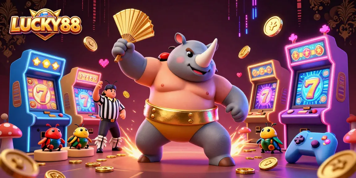Experience the excitement of LUCKY88 as the sumo champion beetle sends coins flying from a thrilling slot machine display.