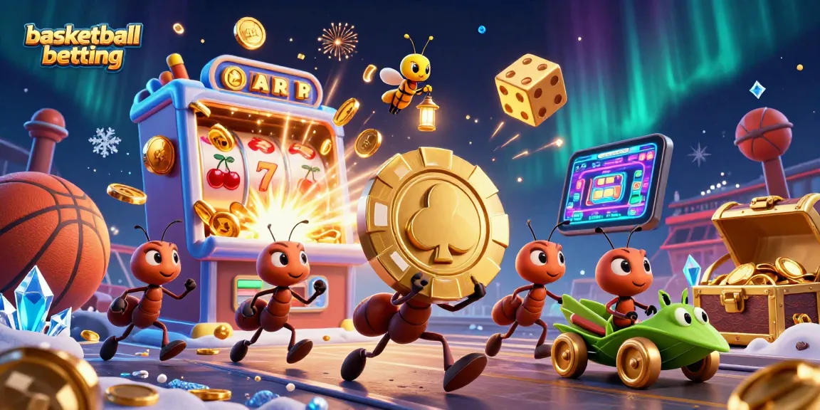Engage in basketball betting with ants carrying a golden poker chip amidst vibrant casino elements.