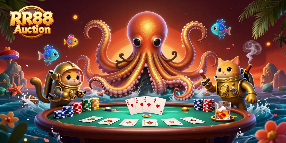 Join the excitement at RR88 Auction with a dynamic scene of a kraken and diving cat amidst casino elements.