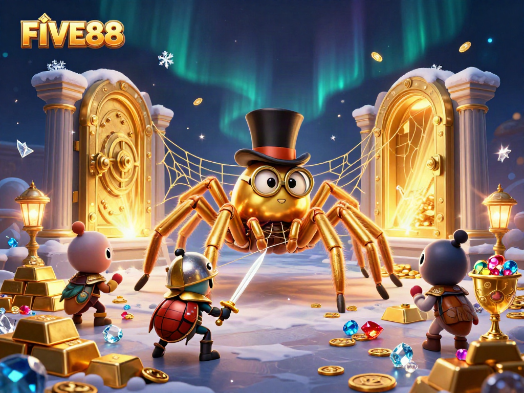 FIVE88 showcases a vibrant casino scene featuring a golden tarantula and beetle knight among treasures.
