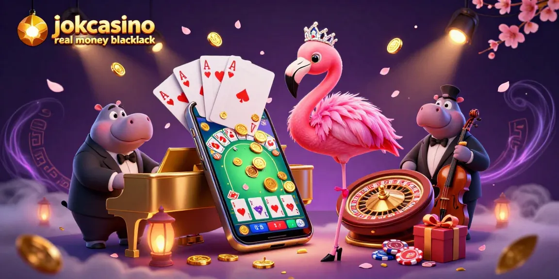 Experience jokacasino real money blackjack with a vibrant 3D casino scene featuring lively characters and games.
