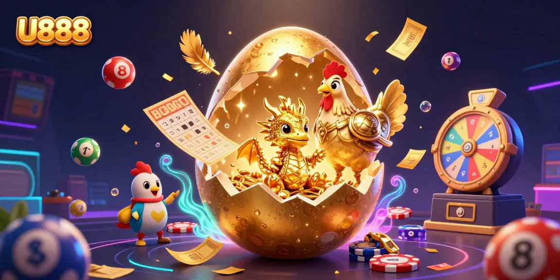 Engage with U888's vibrant online casino world through a dynamic 3D illustration of a golden dragon amidst exciting gaming elements.