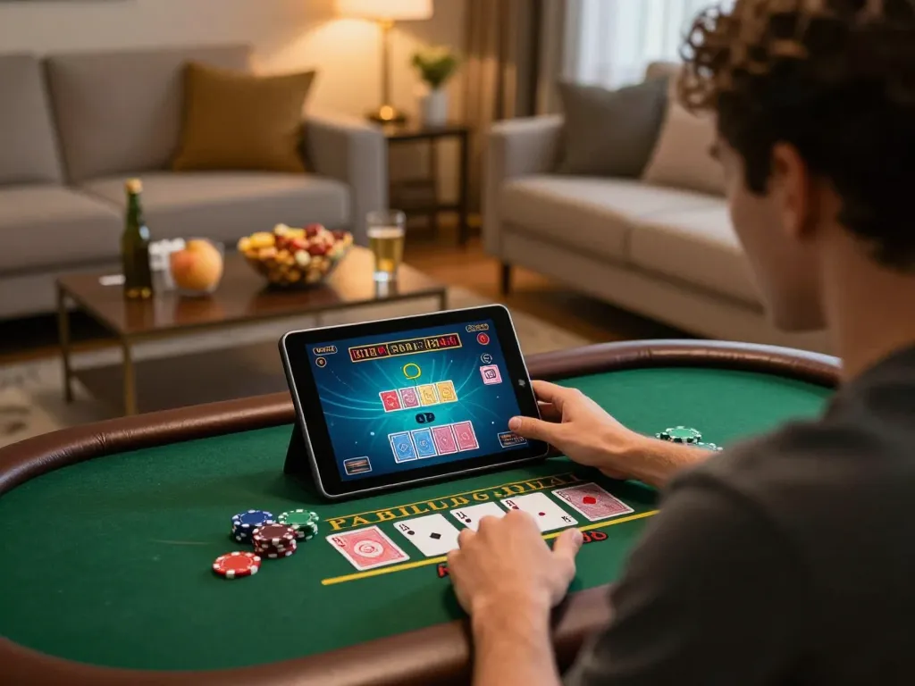 Player engaging with blackjack on Go99 in a cozy home environment surrounded by snacks.