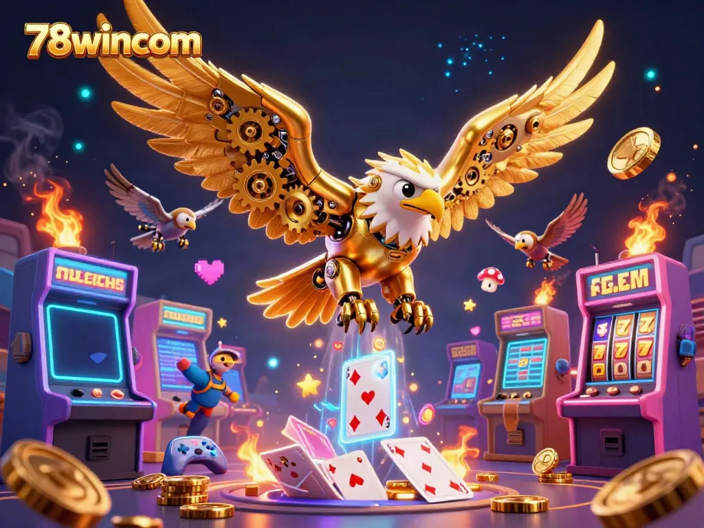 An engaging scene showcasing 78wincom with a golden eagle flying through holographic playing cards, emphasizing stunning casino elements.