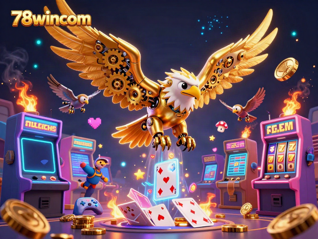 An engaging scene showcasing 78wincom with a golden eagle flying through holographic playing cards, emphasizing stunning casino elements.