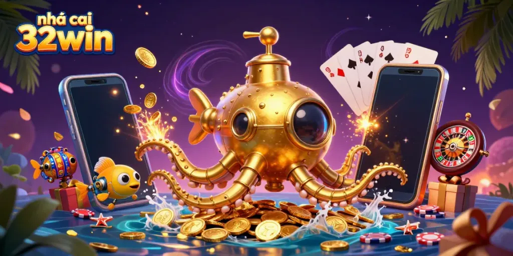 Play an exciting game at nhà cái 32win, featuring thrilling visuals with gold coins and slot games.
