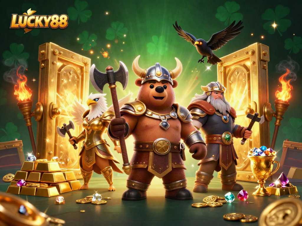 Experience excitement with LUCKY88 in this vibrant casino adventure illustration featuring iconic characters and elements.