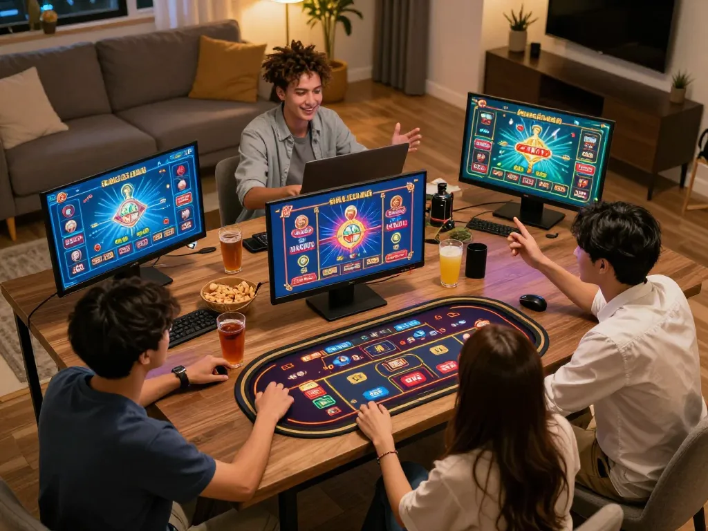 Engaged friends enjoying online games, experiencing Nhà Cái SC88 uy tín in a cozy home setting.