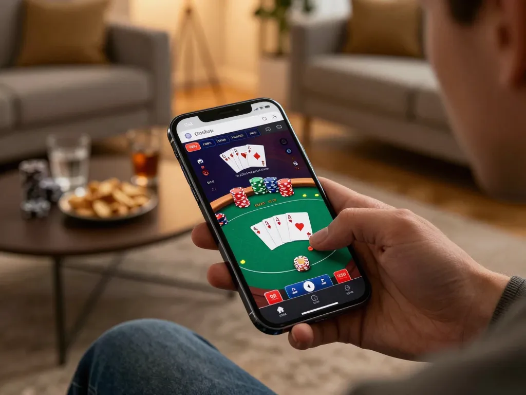 Lu 88 player enjoying online poker game on smartphone in cozy living room setting