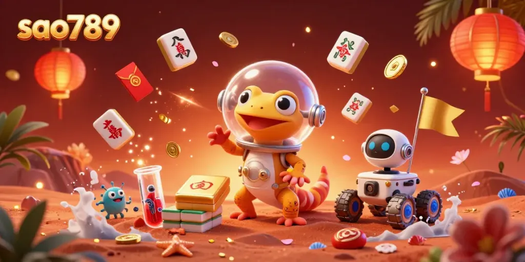 Sao789 features a Martian gecko discovering a golden casino, surrounded by casino elements and festive decorations.