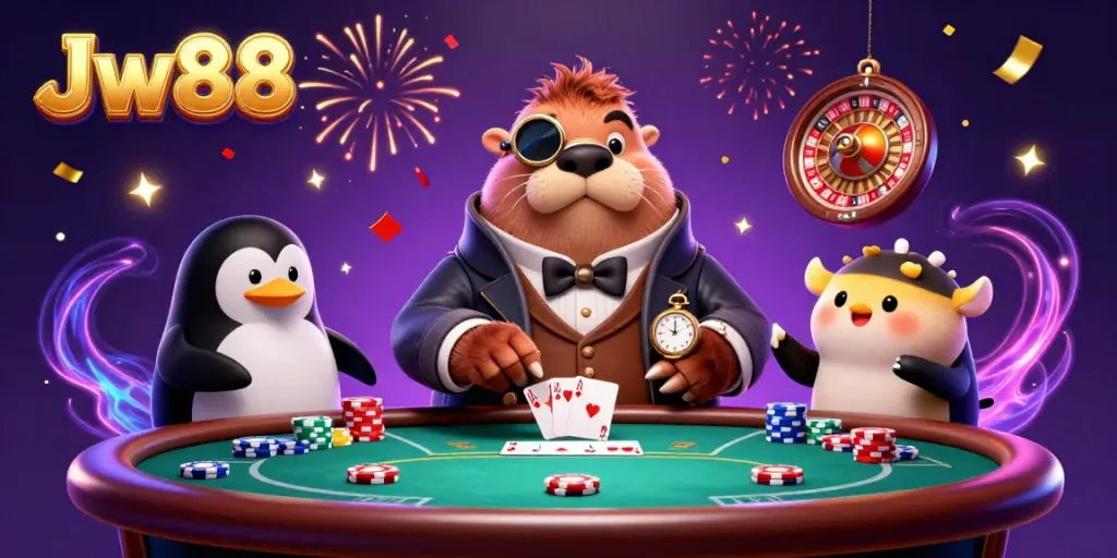 Experience thrilling poker action with Jw88 as a walrus enjoys a high-stakes game.