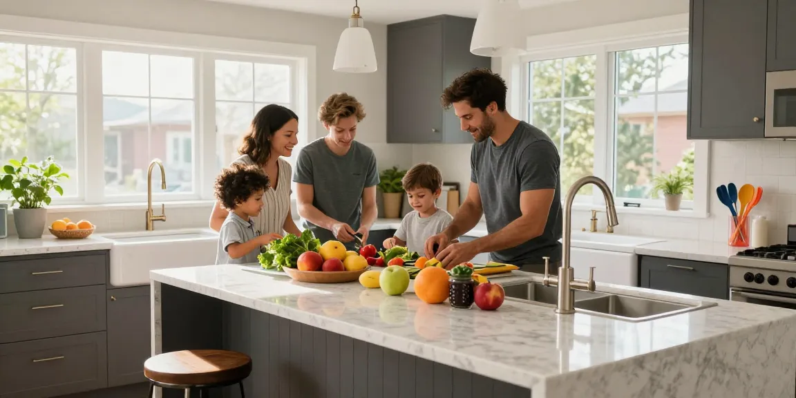 Custom kitchen countertops Hamilton featuring quartz, family cooking together.