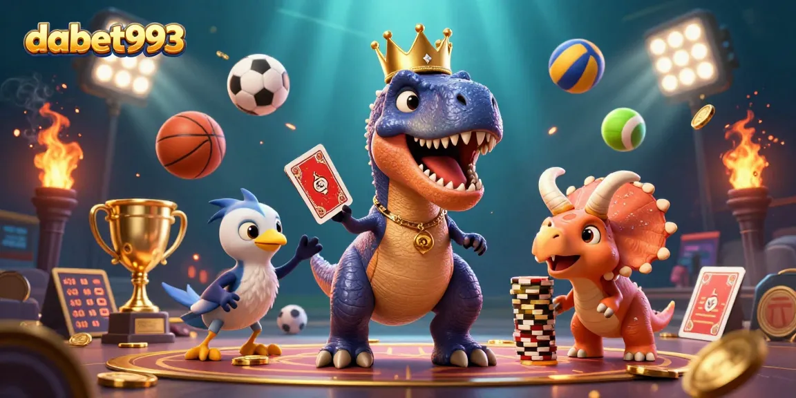 dabet993 showcases a dynamic casino scene with a T-Rex and friends shuffling cards and stacking chips.