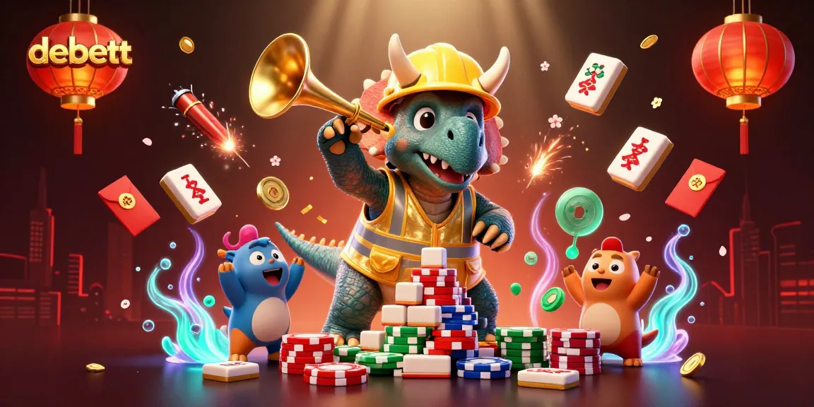 Experience the vibrant debett casino scene with triceratops, poker chips, and festive elements.