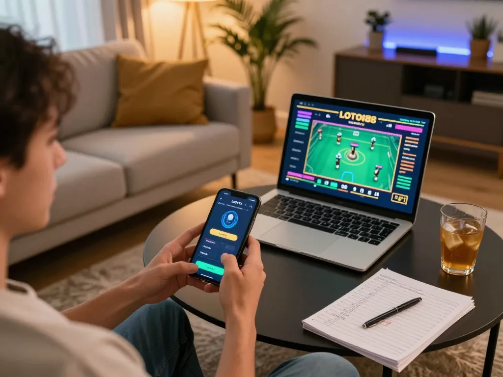 Experience LOTO188's online gaming excitement as a player engages with the app and strategies.