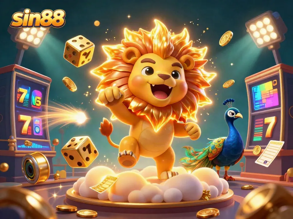 Engage with sin88 at this vibrant casino scene showcasing dynamic slot reels and exciting gameplay.