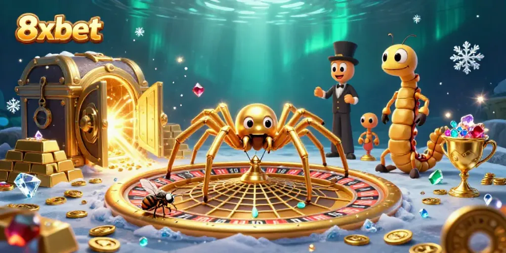 Experience thrilling bets at 8xbet with a vibrant 3D casino scene featuring a spider, fly, and centipede.