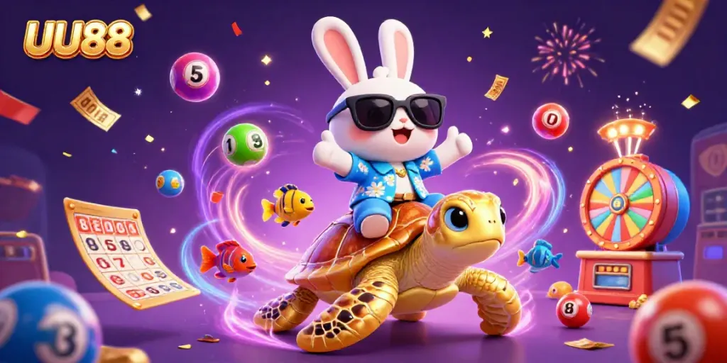 Join the excitement at UU88 with a colorful lottery scene featuring a lucky rabbit on a golden turtle.