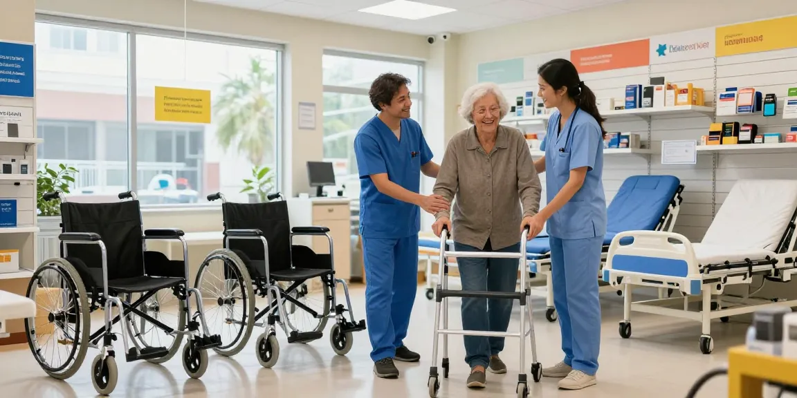 Customer receiving assistance at a medical equipment store with mobility aids and supportive atmosphere.