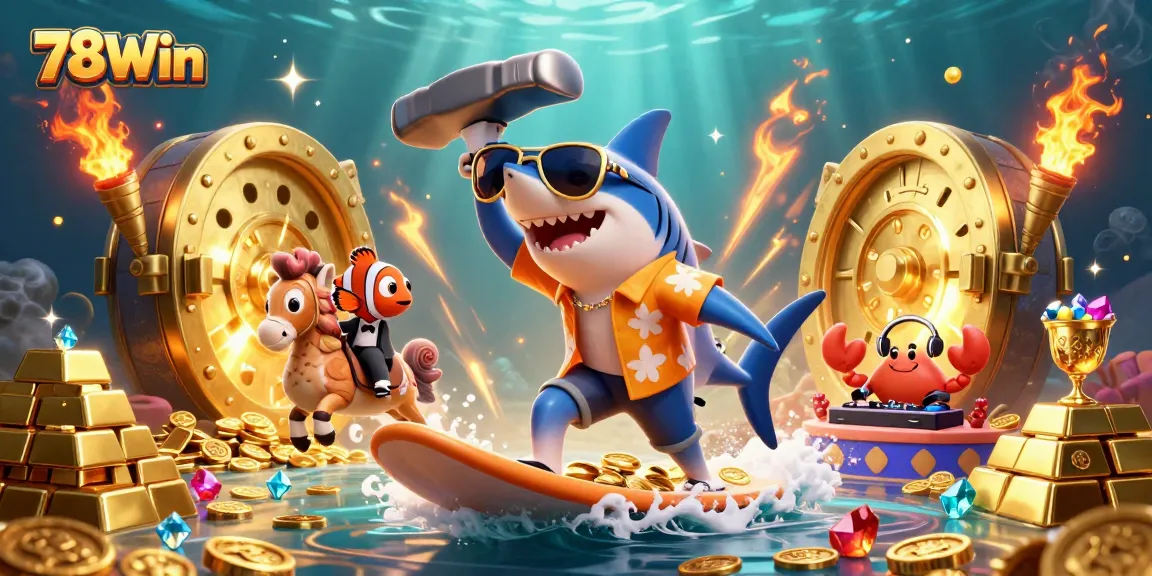Experience 78Win with a thrilling casino scene featuring vibrant 3D characters and golden treasures.