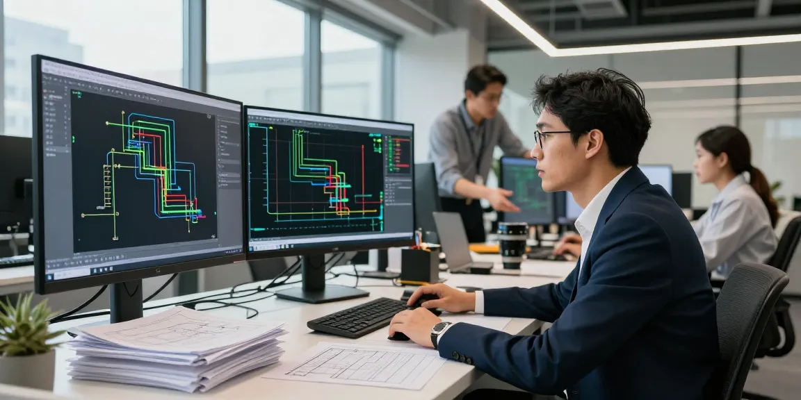 Piping Stress Analysis Canada in a modern engineering office, professional engineers collaborating on complex designs.