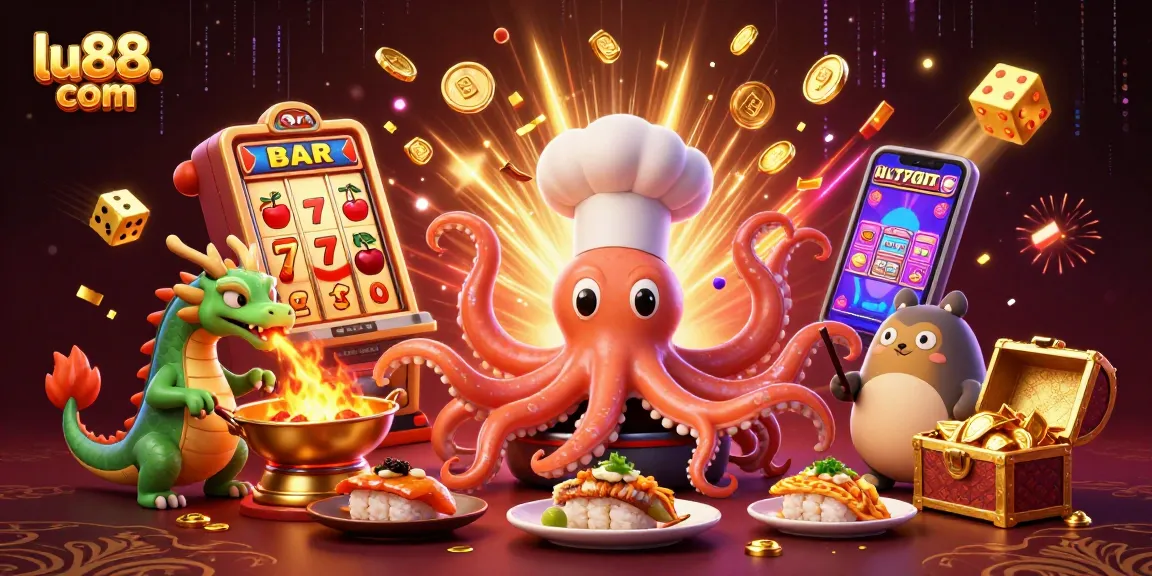 Experience exhilarating gaming at lu88. com with an exciting octopus chef and dragon in a vibrant casino scene.